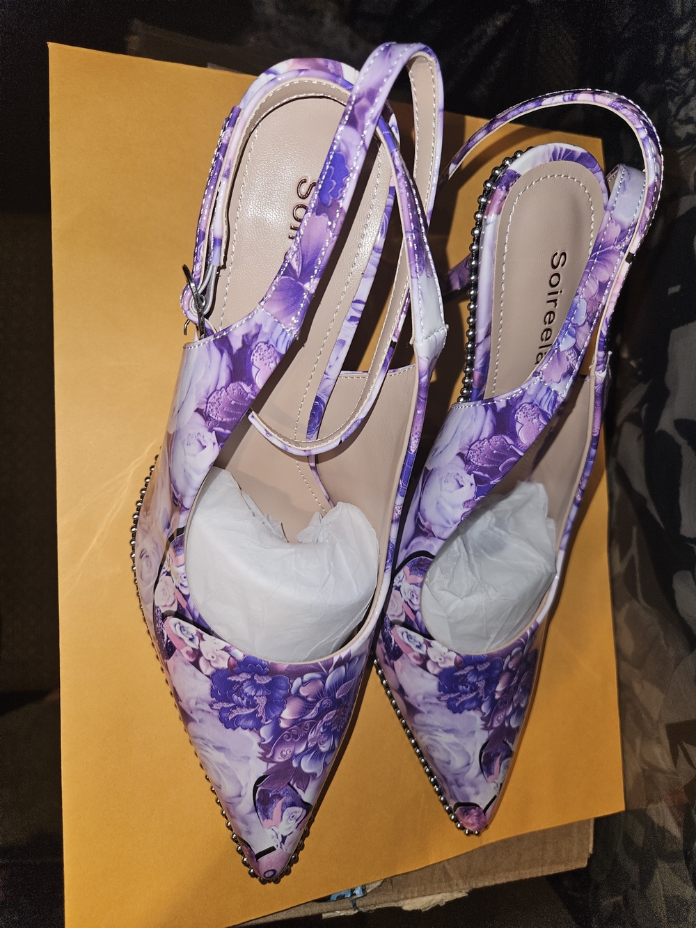 Purple Floral Pointed Slingback Heels
